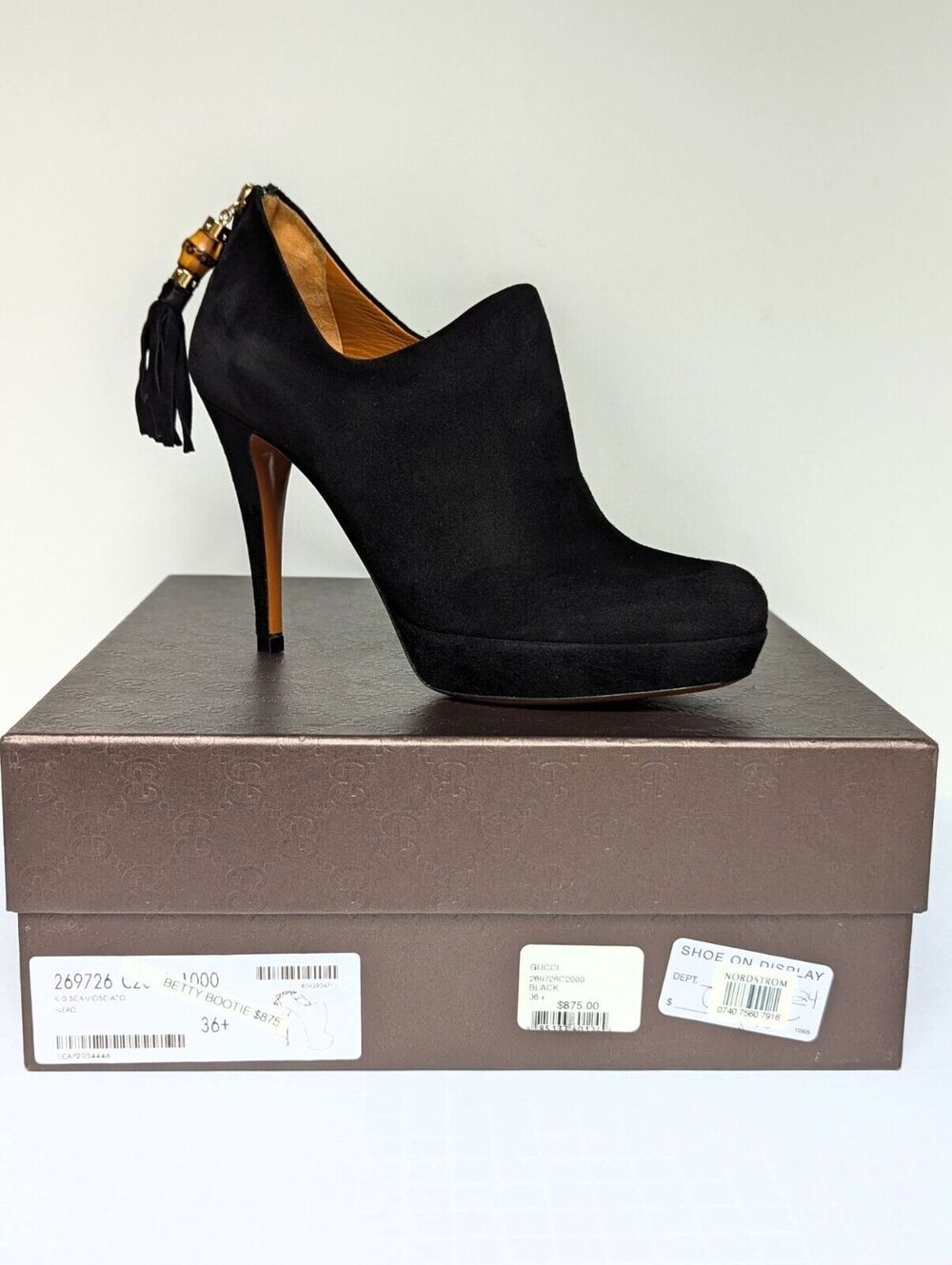 Gucci Betty High Heel Platform Bootie Size 36.5 | 6.5 Black Suede Bamboo Tassel